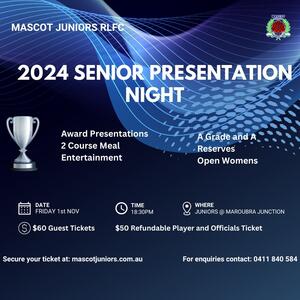 Our Senior Teams Presentation Night (A Grade/A Reserves and Open Women) will be held on Friday 1st November from 6.30pm at The Juniors Maroubra.

Emails have been sent to eligible players and officials for the refundable ticket purchase. If any player or officials did not receive an email, please advise your team coach/manager, who will contact the club. Alternatively, please email info@mascotjuniors.com.au

We also welcome guests to the event to join in on the celebrations with tickets $60.00.

To purchase players/officials and guest tickets, please head to the link in our bio.

We look forward to a great evening celebrating a successful 2024 season.