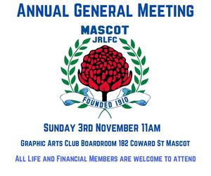 The Mascot Juniors RLFC Annual General Meeting will be held on Sunday 3rd November at 11am, at the Graphic Arts Club, 182 Coward St Mascot.

All life and eligible financial members are welcome to attend.