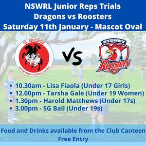 Needing a footy fix? 

Tomorrow, Mascot Oval will be hosting the next generation of talent from the St.George Dragons and Sydney Roosters junior representative sides.

The action kicks off at 10.30am with the last game scheduled to kick off at 3pm.

The club canteen will be available all day for all your food and drink needs.

Come on down and enjoy a great day of football.